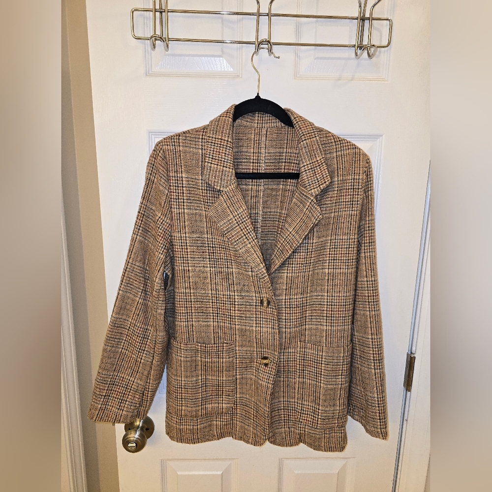 Tailored Plaid Single-Button Blazer Jacket - Beig… - image 3